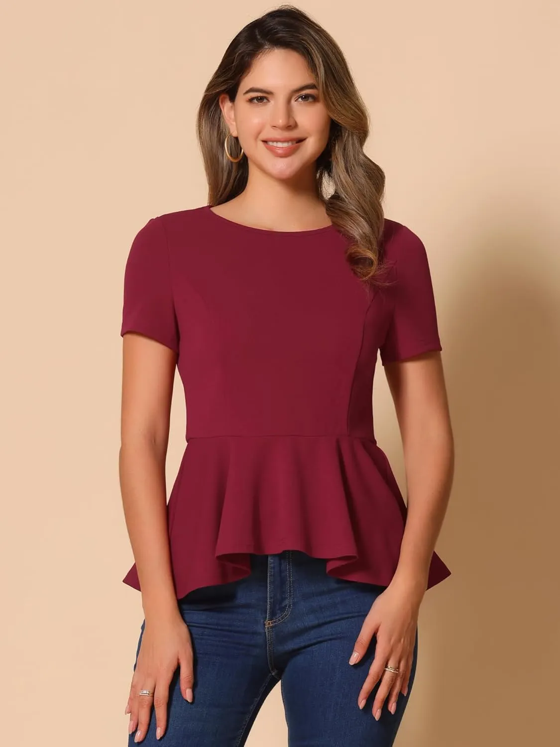 Allegra K Elegant Peplum Tops for Women's St Patrick's Day Short Sleeve Round Neck Dressy Casual Blouse Shirt