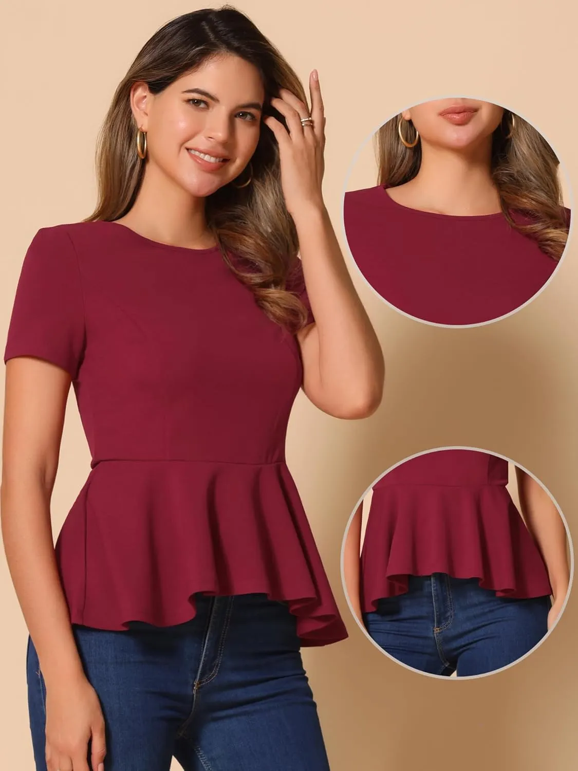 Allegra K Elegant Peplum Tops for Women's St Patrick's Day Short Sleeve Round Neck Dressy Casual Blouse Shirt