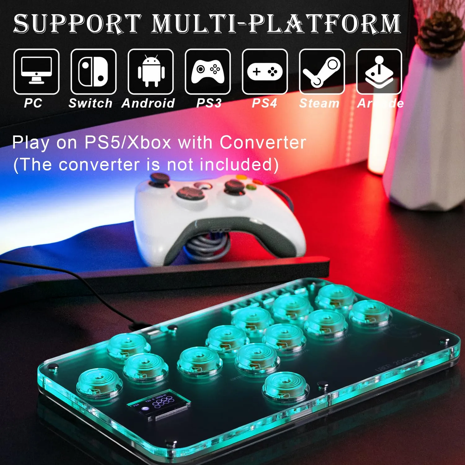 Arcade Stick Game Keyboard R13, Leverless Controller Arcade Stick with Turbo & Custom RGB, Silent All-Button Arcade Controller Street Fight for PC/PS3/PS4/Switch/Steam-Support Hot Swap & SOCD(Black)