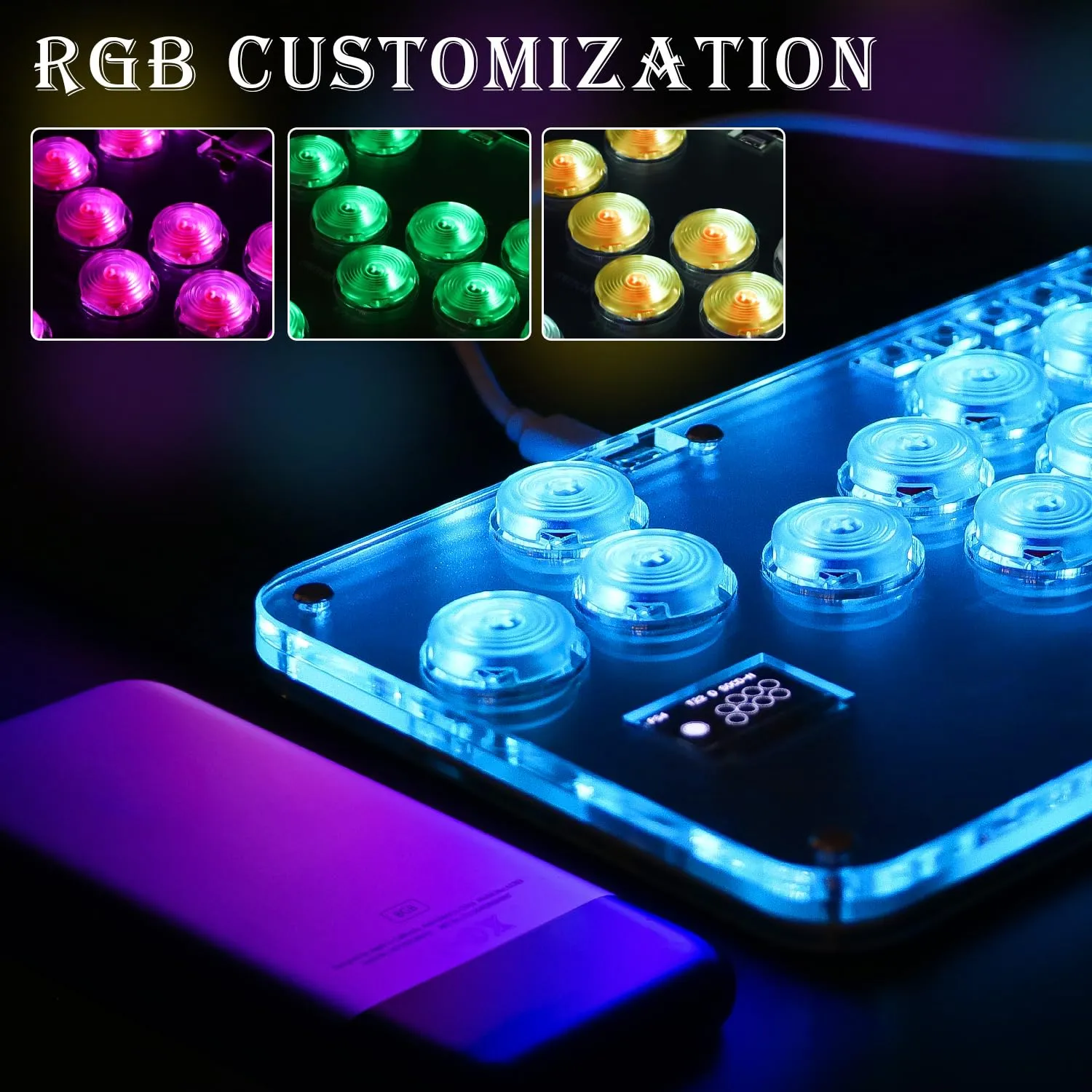 Arcade Stick Game Keyboard R13, Leverless Controller Arcade Stick with Turbo & Custom RGB, Silent All-Button Arcade Controller Street Fight for PC/PS3/PS4/Switch/Steam-Support Hot Swap & SOCD(Black)