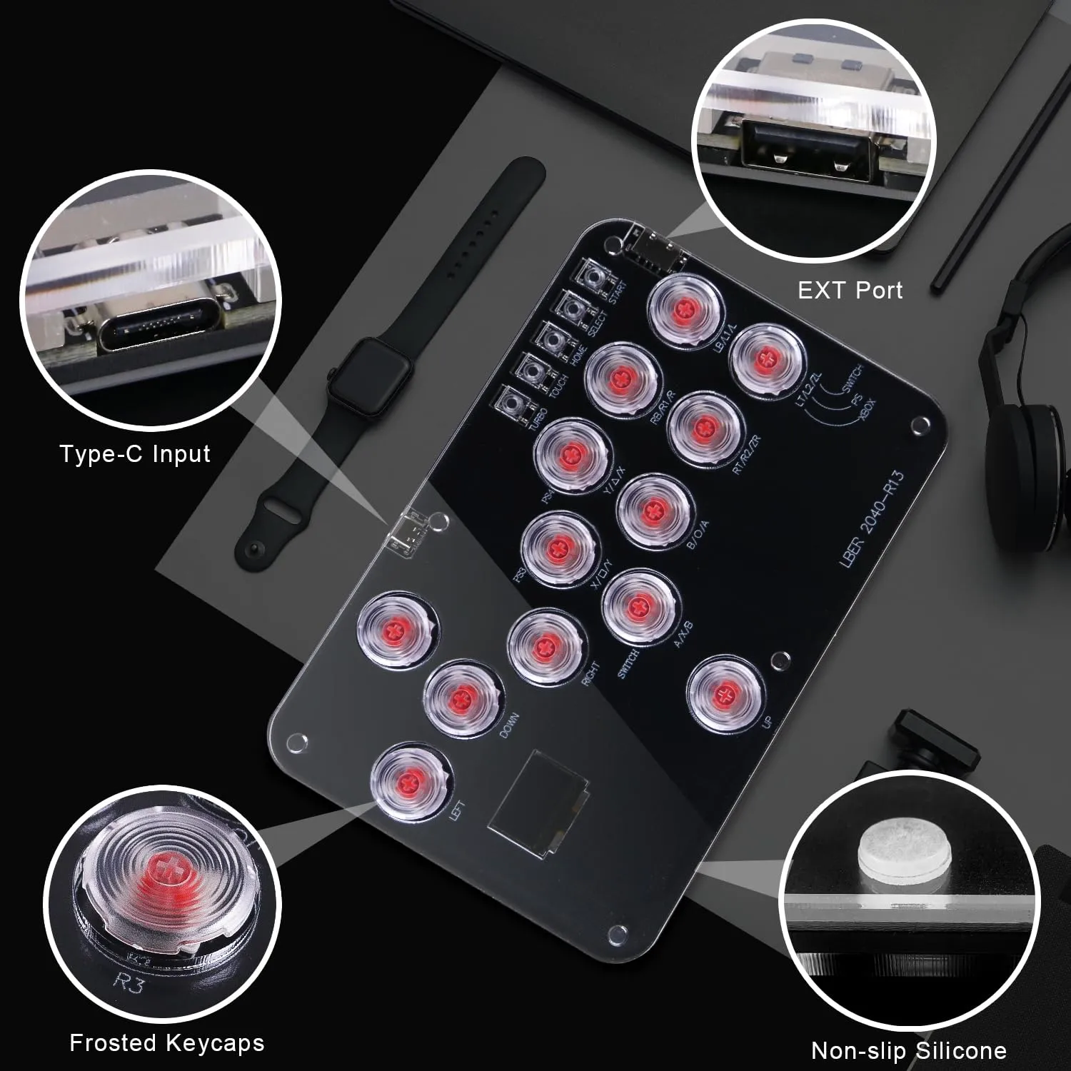 Arcade Stick Game Keyboard R13, Leverless Controller Arcade Stick with Turbo & Custom RGB, Silent All-Button Arcade Controller Street Fight for PC/PS3/PS4/Switch/Steam-Support Hot Swap & SOCD(Black)
