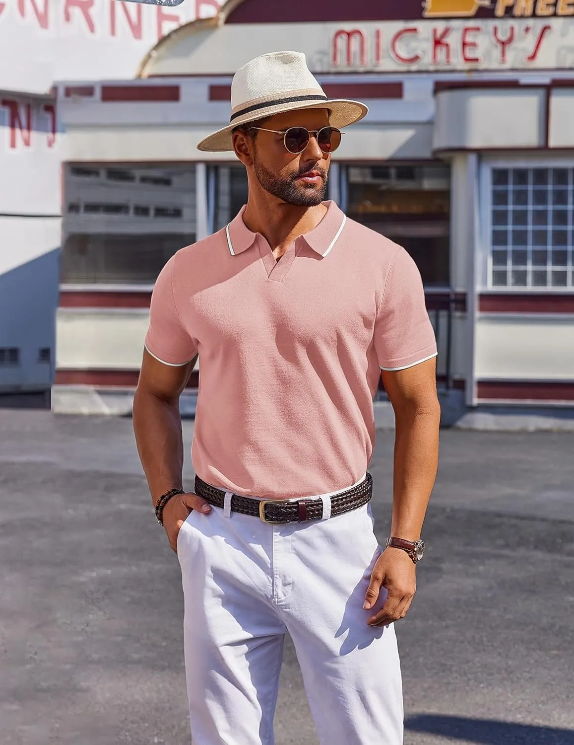 COOFANDY Mens Polo Shirts Short Sleeve Casual Knit Polo Shirt Vintage Golf T Shirts Old Money Tops