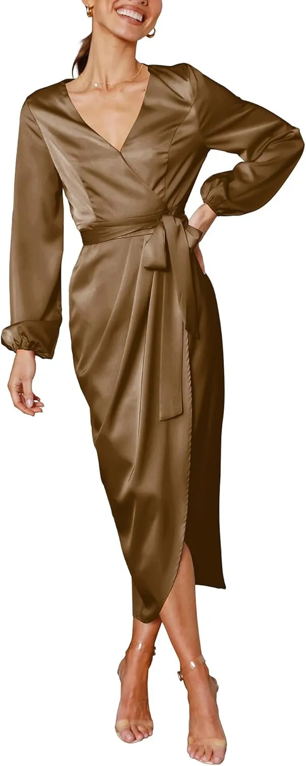 Cosonsen Women's Long Sleeve V-Neck Tie Waist Split Formal Cocktail Wedding Guest Dresses