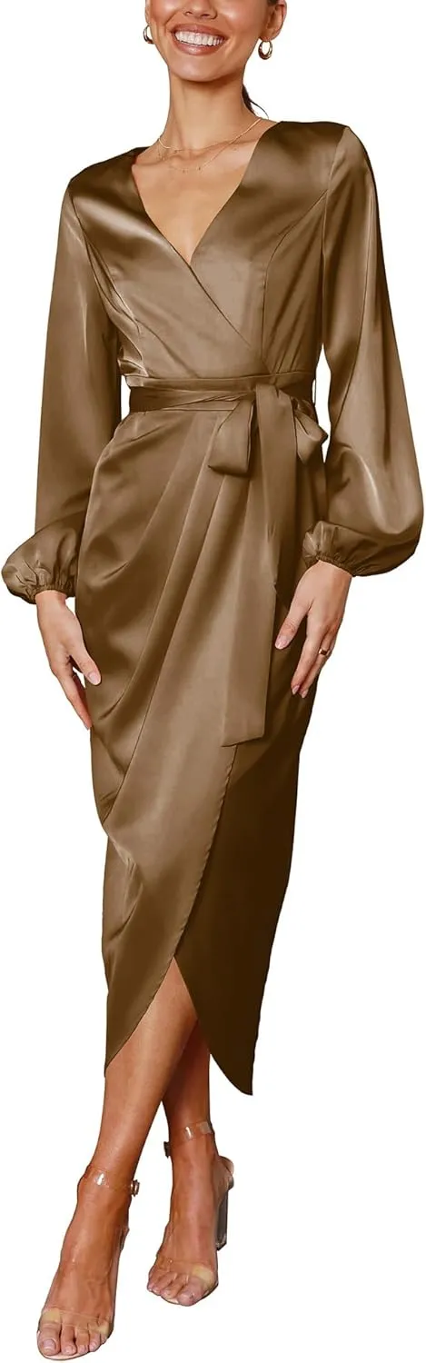 Cosonsen Women's Long Sleeve V-Neck Tie Waist Split Formal Cocktail Wedding Guest Dresses