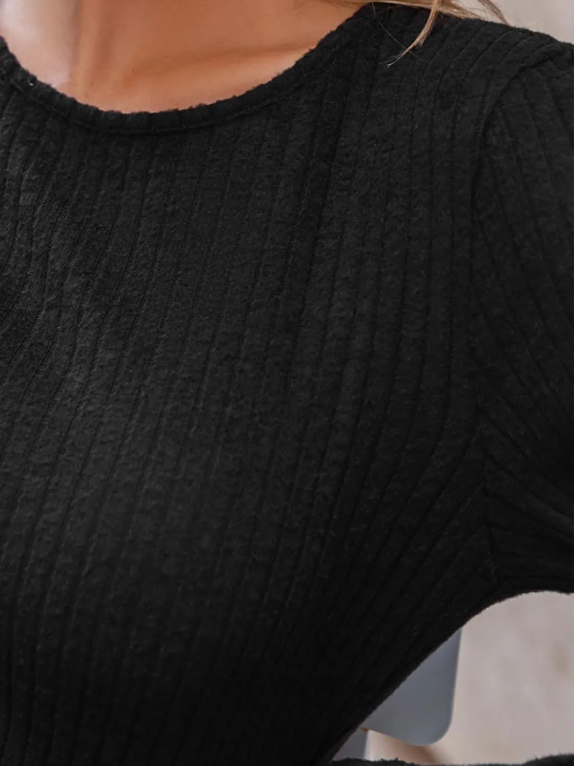 CUPSHE Women's Ribbed Knit Mini Fall Dress Crew Neck Long Sleeve A Line Semi Formal Casual Autumn Winter Dresses Working