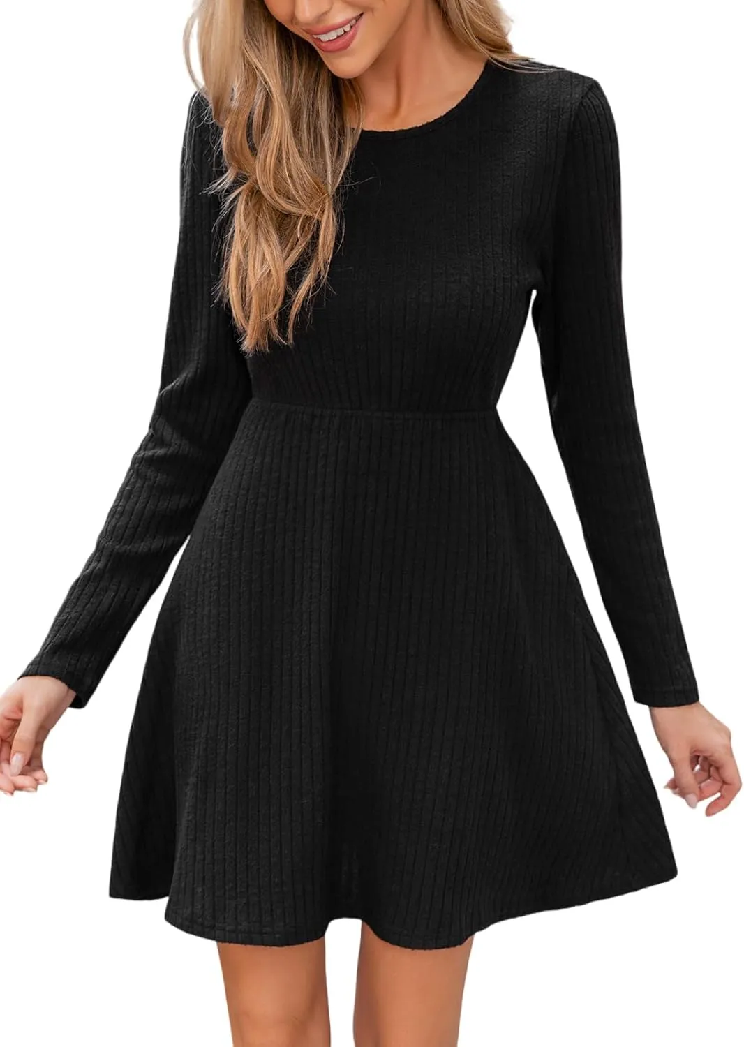 CUPSHE Women's Ribbed Knit Mini Fall Dress Crew Neck Long Sleeve A Line Semi Formal Casual Autumn Winter Dresses Working