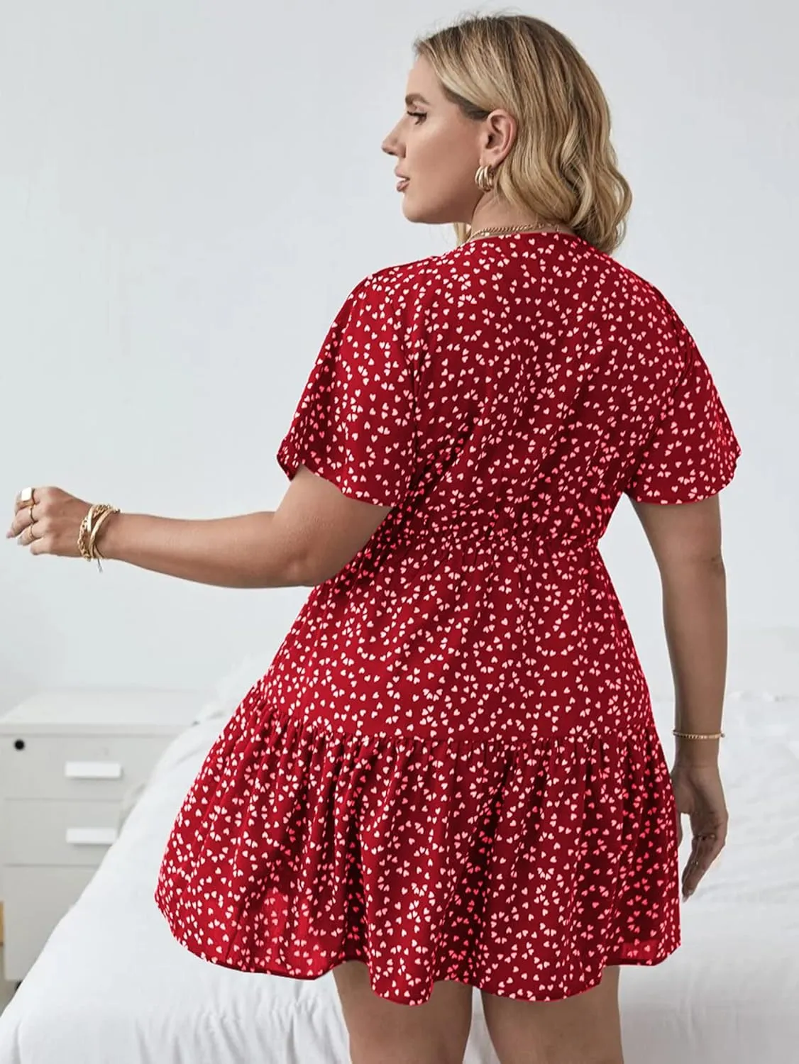 Floerns Women's Plus Size Wrap V Neck Short Sleeve Ruffle Hem A Line Short Dress