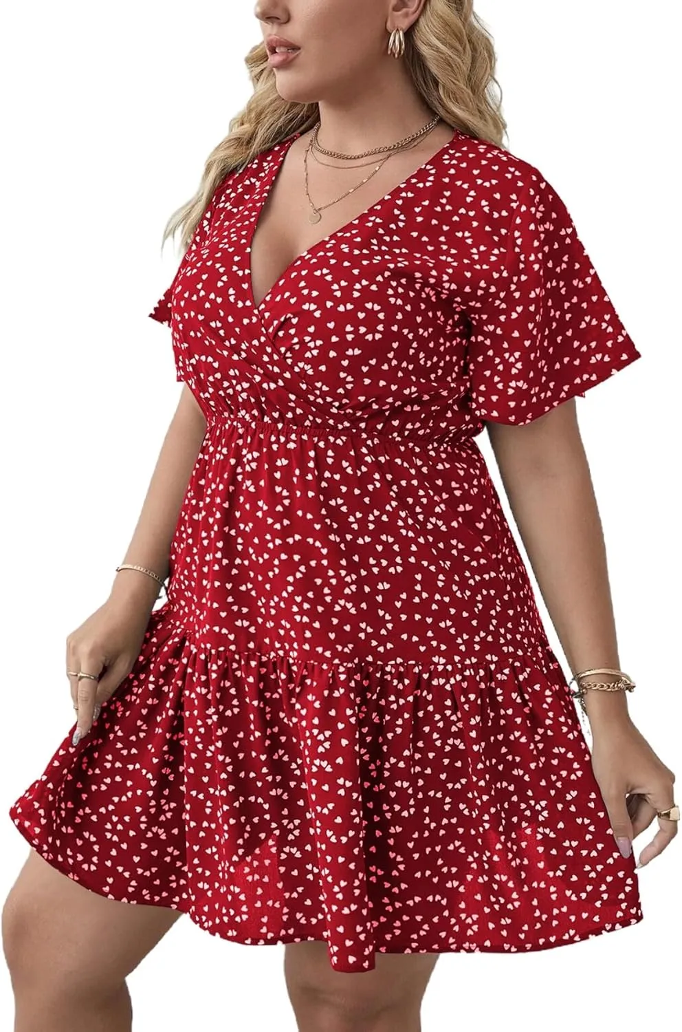 Floerns Women's Plus Size Wrap V Neck Short Sleeve Ruffle Hem A Line Short Dress