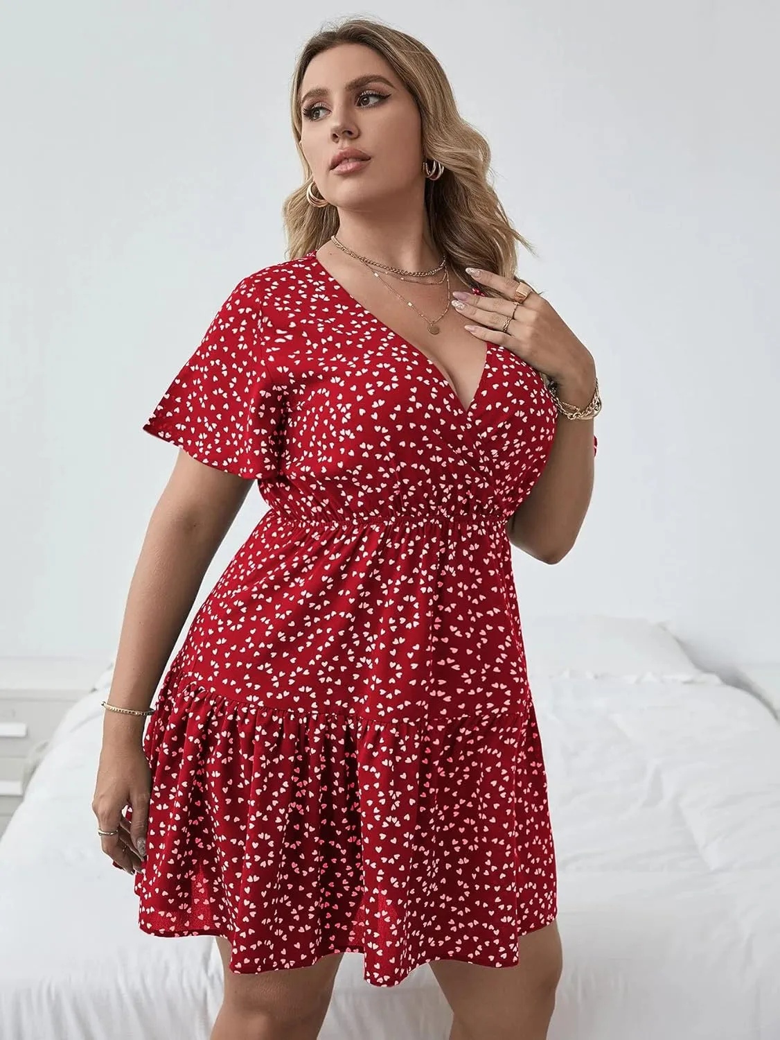 Floerns Women's Plus Size Wrap V Neck Short Sleeve Ruffle Hem A Line Short Dress