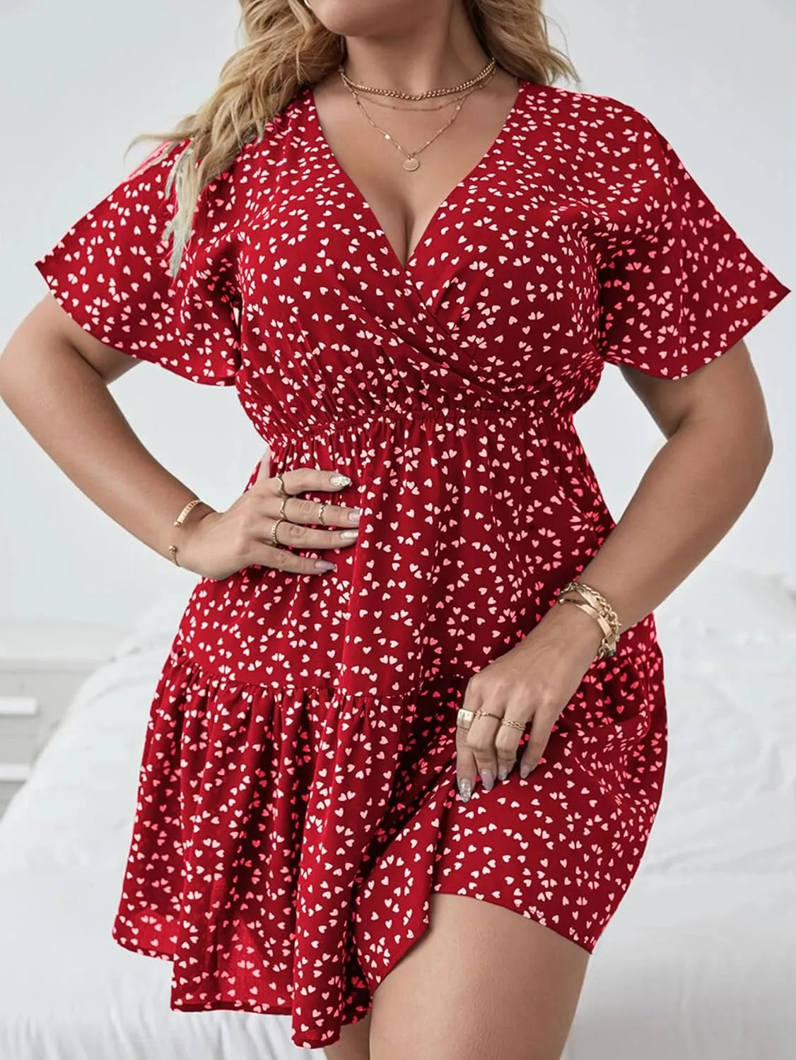 Floerns Women's Plus Size Wrap V Neck Short Sleeve Ruffle Hem A Line Short Dress