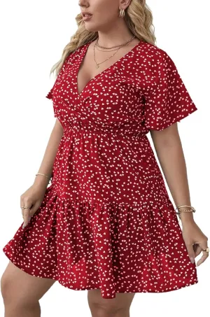 Floerns Women's Plus Size Wrap V Neck Short Sleeve Ruffle Hem A Line Short Dress