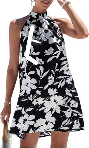 Floerns Women's Sleeveless Floral Print Sundress Halter Neck A Line Short Dress