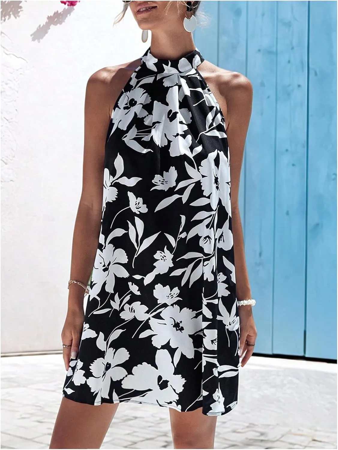 Floerns Women's Sleeveless Floral Print Sundress Halter Neck A Line Short Dress