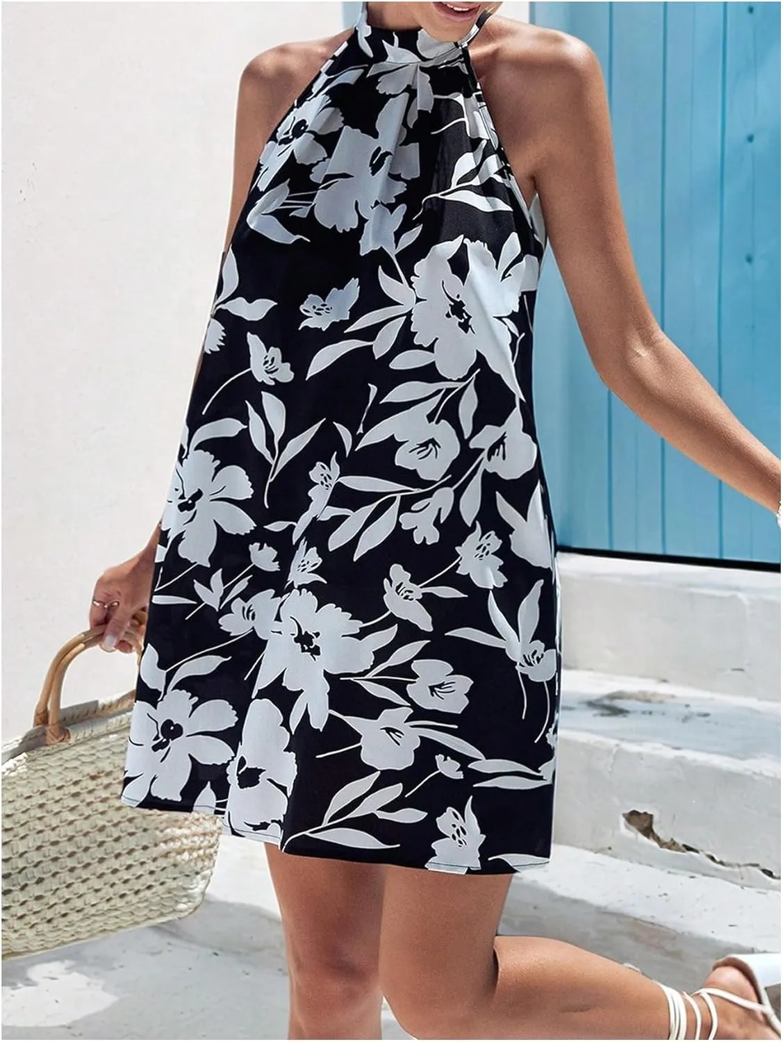 Floerns Women's Sleeveless Floral Print Sundress Halter Neck A Line Short Dress