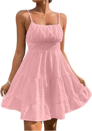 Floerns Women's Swiss Dots Sleeveless Ruched Bust Ruffle Hem Cami Short Dress
