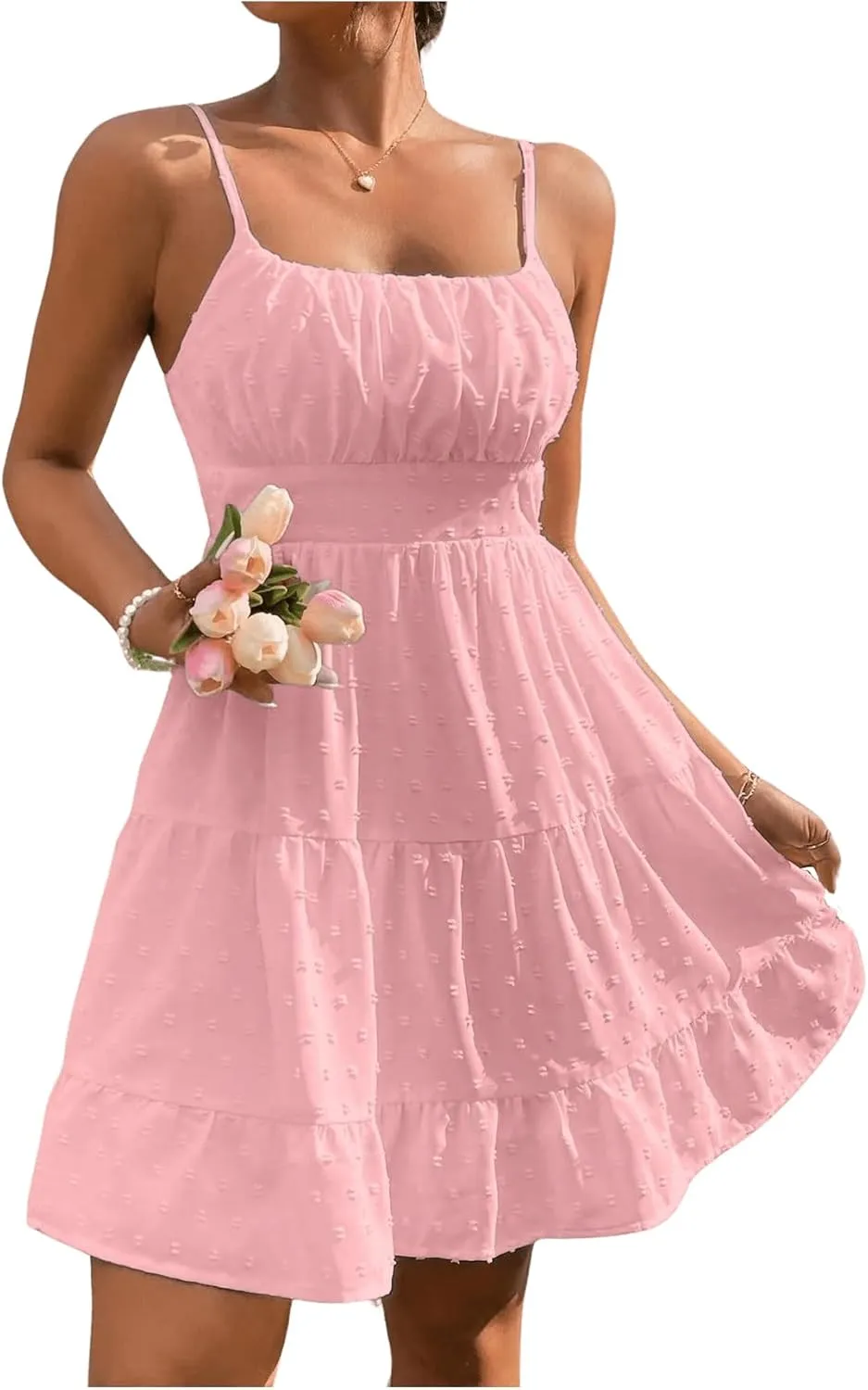 Floerns Women's Swiss Dots Sleeveless Ruched Bust Ruffle Hem Cami Short Dress
