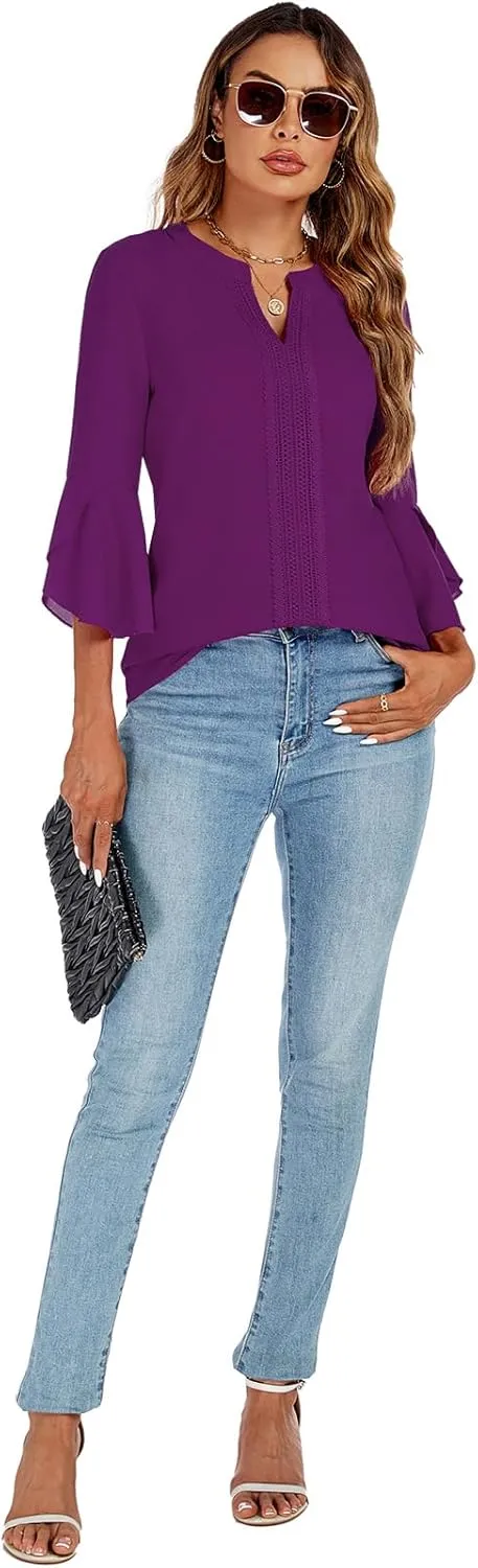 jonivey Womens Dressy Casual Blouses 3/4 Bell Ruffle Sleeve V Neck Business Lace Tops Ladies Trendy Work Shirts