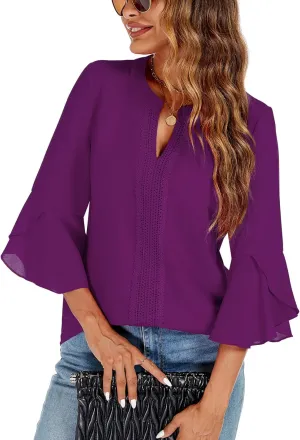 jonivey Womens Dressy Casual Blouses 3/4 Bell Ruffle Sleeve V Neck Business Lace Tops Ladies Trendy Work Shirts