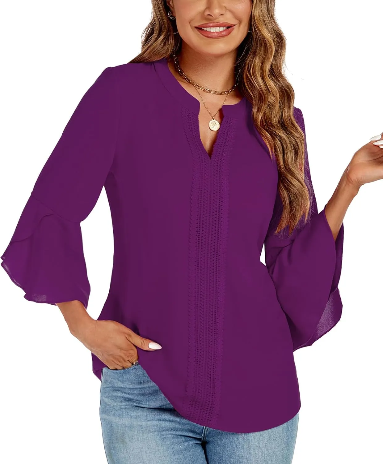 jonivey Womens Dressy Casual Blouses 3/4 Bell Ruffle Sleeve V Neck Business Lace Tops Ladies Trendy Work Shirts