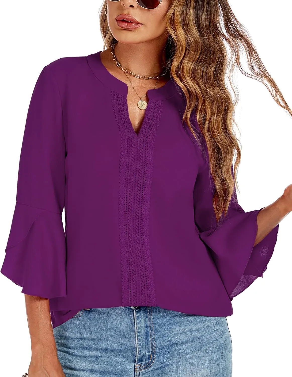 jonivey Womens Dressy Casual Blouses 3/4 Bell Ruffle Sleeve V Neck Business Lace Tops Ladies Trendy Work Shirts
