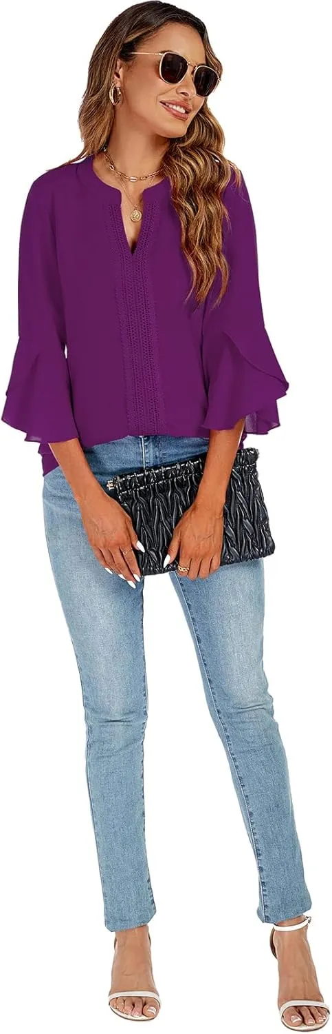 jonivey Womens Dressy Casual Blouses 3/4 Bell Ruffle Sleeve V Neck Business Lace Tops Ladies Trendy Work Shirts