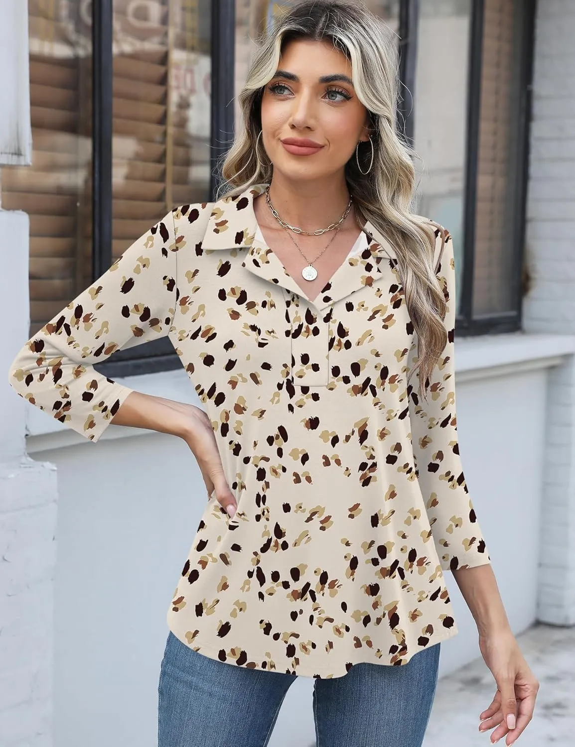 LUYAA Womens Polo Shirts 3/4 Length Sleeve Tops Collar V Neck Business Casual Blouses
