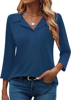 LUYAA Womens Polo Shirts 3/4 Length Sleeve Tops Collar V Neck Business Casual Blouses