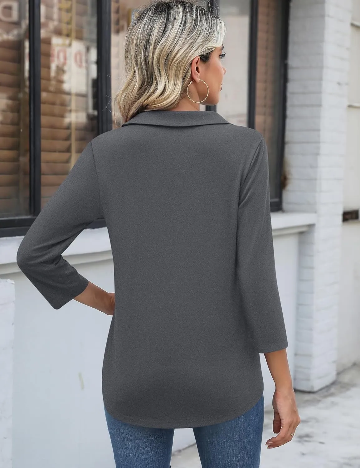 LUYAA Womens Polo Shirts 3/4 Length Sleeve Tops Collar V Neck Business Casual Blouses