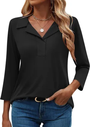 LUYAA Womens Polo Shirts 3/4 Length Sleeve Tops Collar V Neck Business Casual Blouses