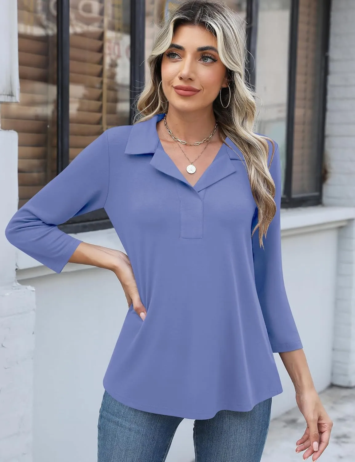 LUYAA Womens Polo Shirts 3/4 Length Sleeve Tops Collar V Neck Business Casual Blouses