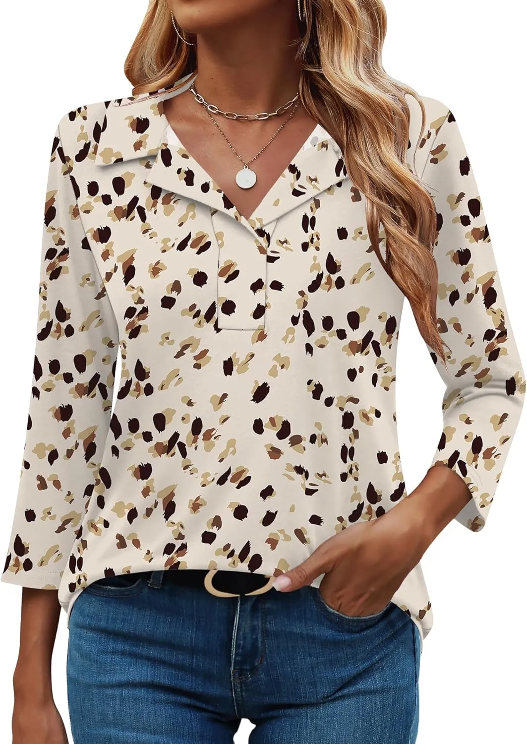 LUYAA Womens Polo Shirts 3/4 Length Sleeve Tops Collar V Neck Business Casual Blouses