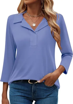 LUYAA Womens Polo Shirts 3/4 Length Sleeve Tops Collar V Neck Business Casual Blouses