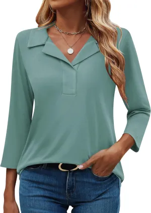 LUYAA Womens Polo Shirts 3/4 Length Sleeve Tops Collar V Neck Business Casual Blouses