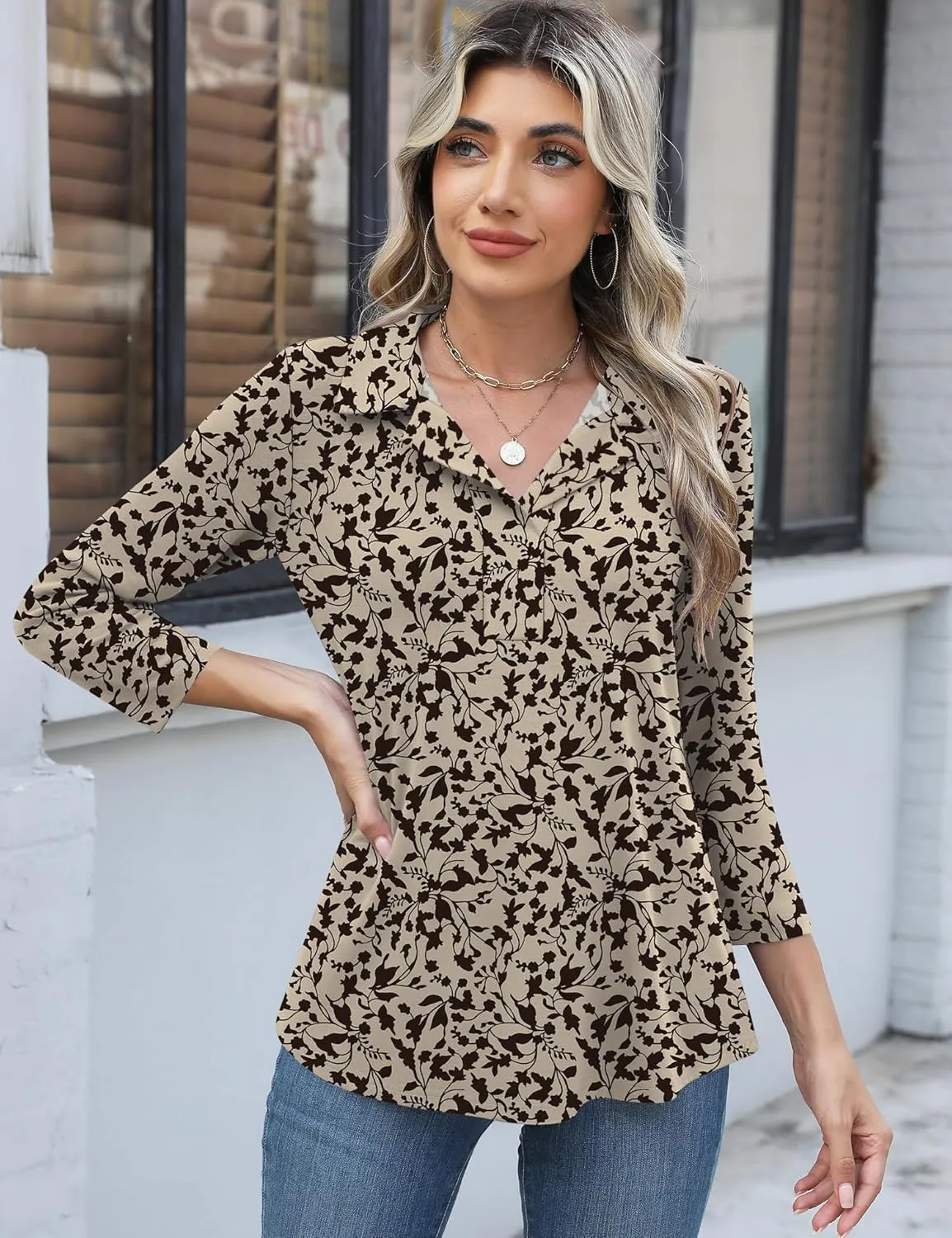 LUYAA Womens Polo Shirts 3/4 Length Sleeve Tops Collar V Neck Business Casual Blouses