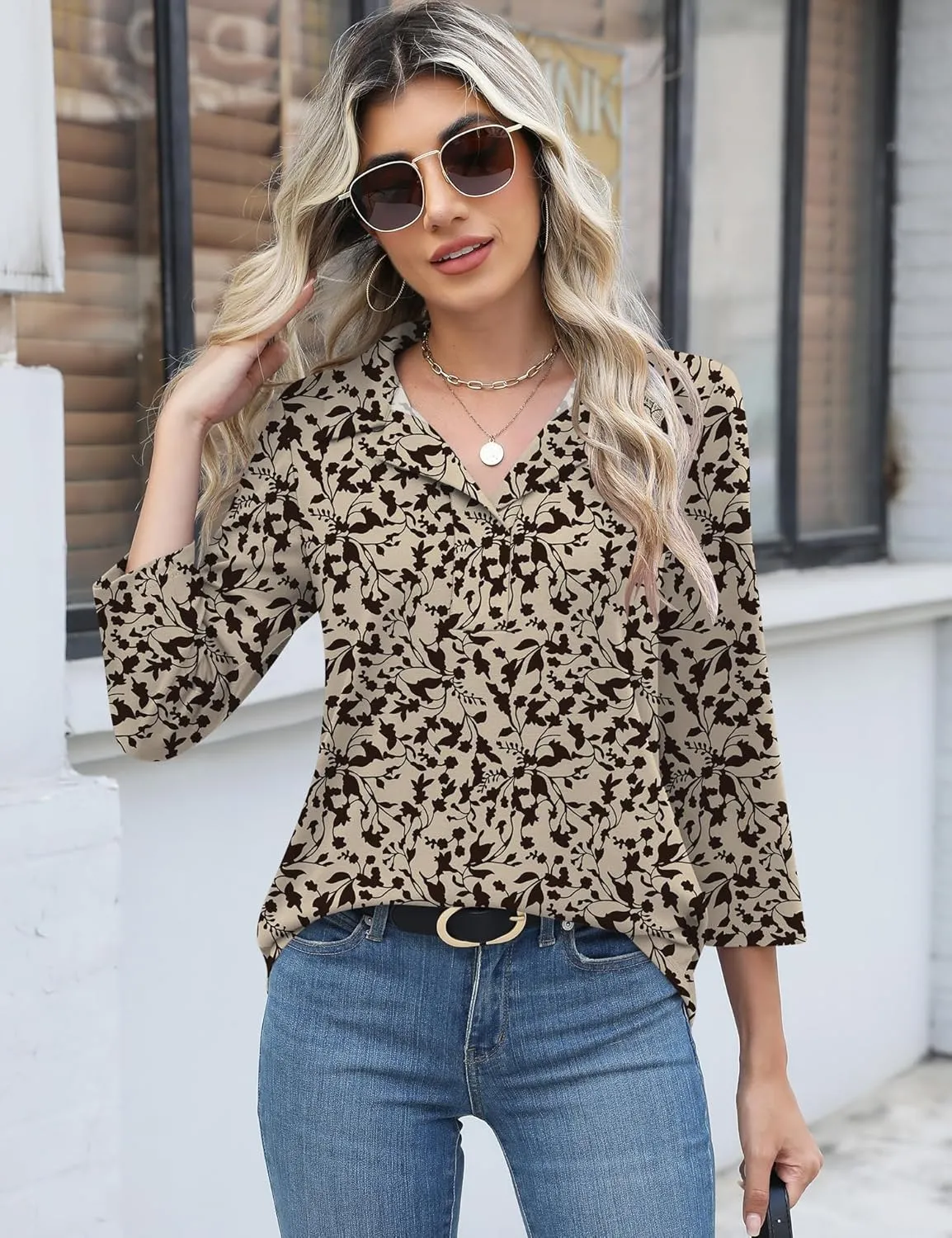 LUYAA Womens Polo Shirts 3/4 Length Sleeve Tops Collar V Neck Business Casual Blouses