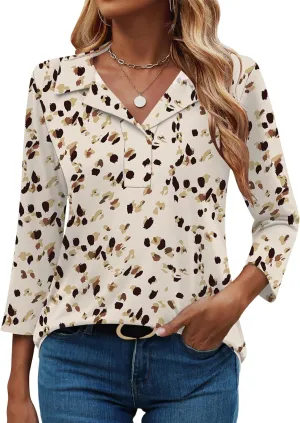 LUYAA Womens Polo Shirts 3/4 Length Sleeve Tops Collar V Neck Business Casual Blouses