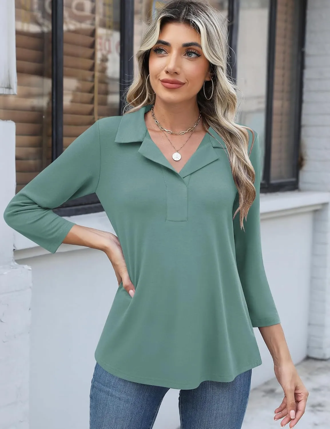 LUYAA Womens Polo Shirts 3/4 Length Sleeve Tops Collar V Neck Business Casual Blouses