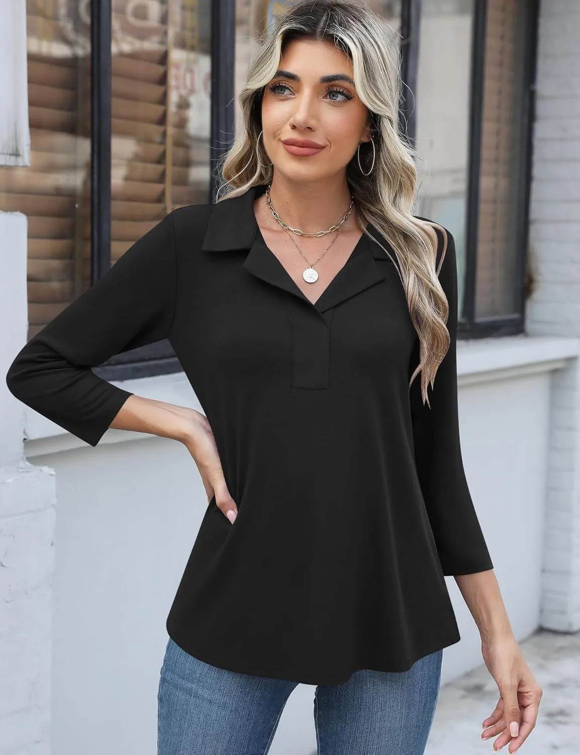 LUYAA Womens Polo Shirts 3/4 Length Sleeve Tops Collar V Neck Business Casual Blouses