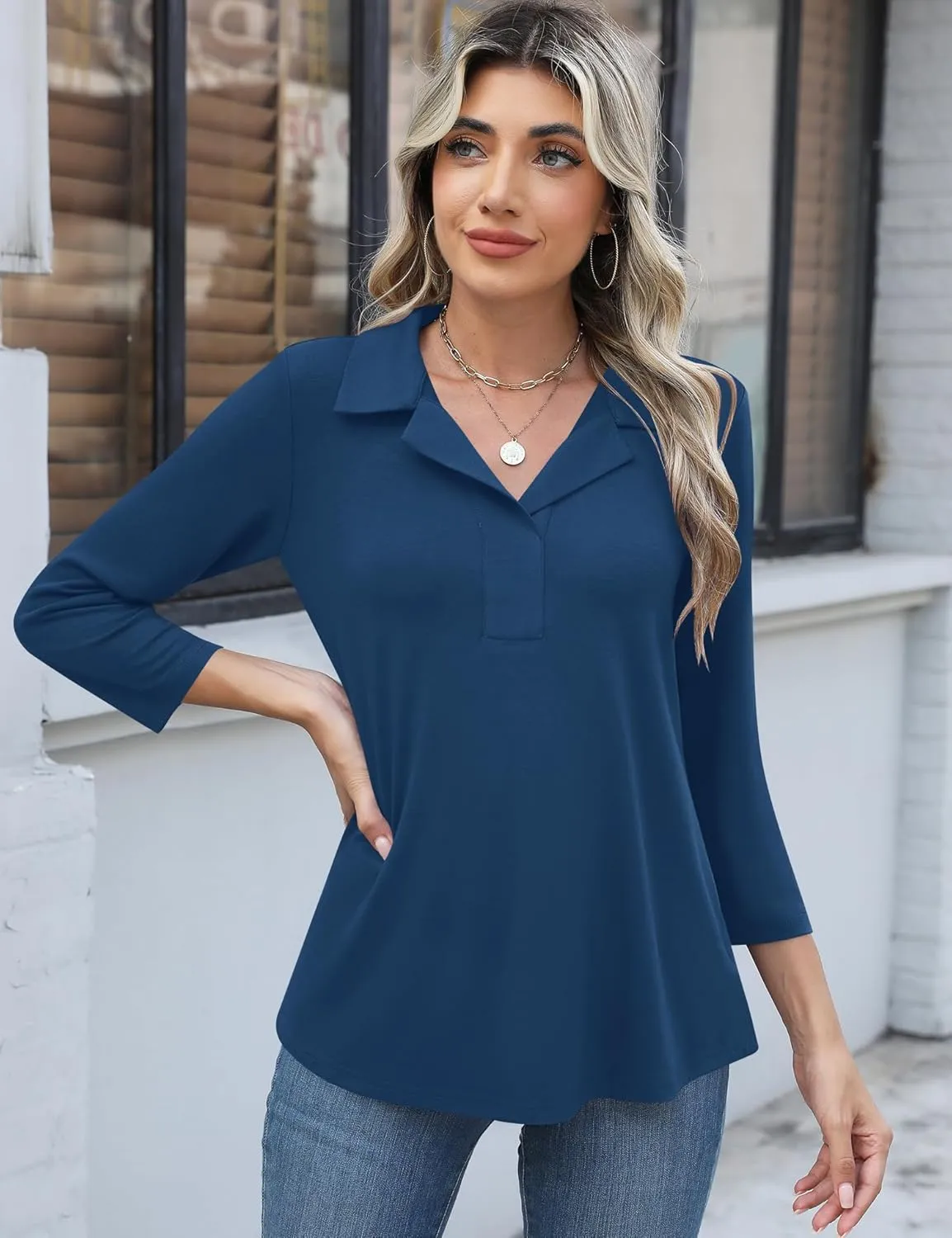 LUYAA Womens Polo Shirts 3/4 Length Sleeve Tops Collar V Neck Business Casual Blouses