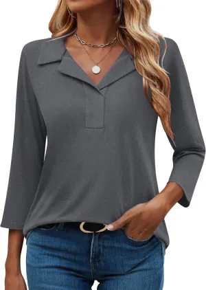 LUYAA Womens Polo Shirts 3/4 Length Sleeve Tops Collar V Neck Business Casual Blouses