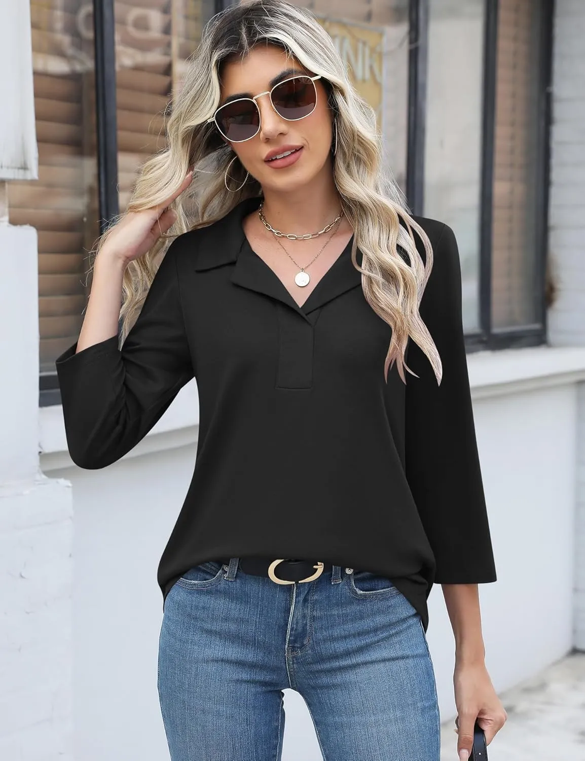 LUYAA Womens Polo Shirts 3/4 Length Sleeve Tops Collar V Neck Business Casual Blouses