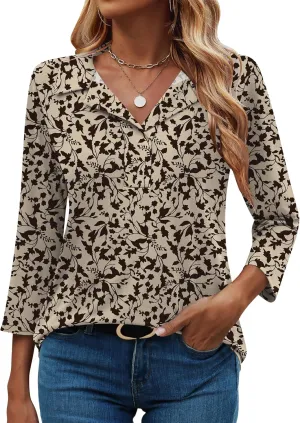 LUYAA Womens Polo Shirts 3/4 Length Sleeve Tops Collar V Neck Business Casual Blouses