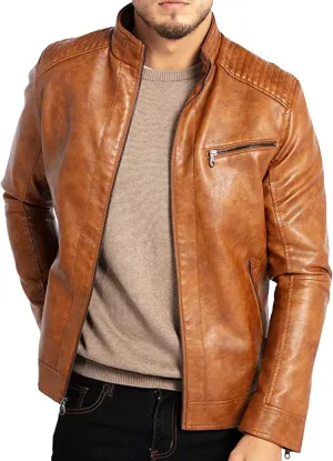 Maiyifu-GJ Men's Faux Leather Zip Up Jacket Stand Collar Slim Fit Leather Motorcycle Jacket Biker Coat Windbreaker Outerwear