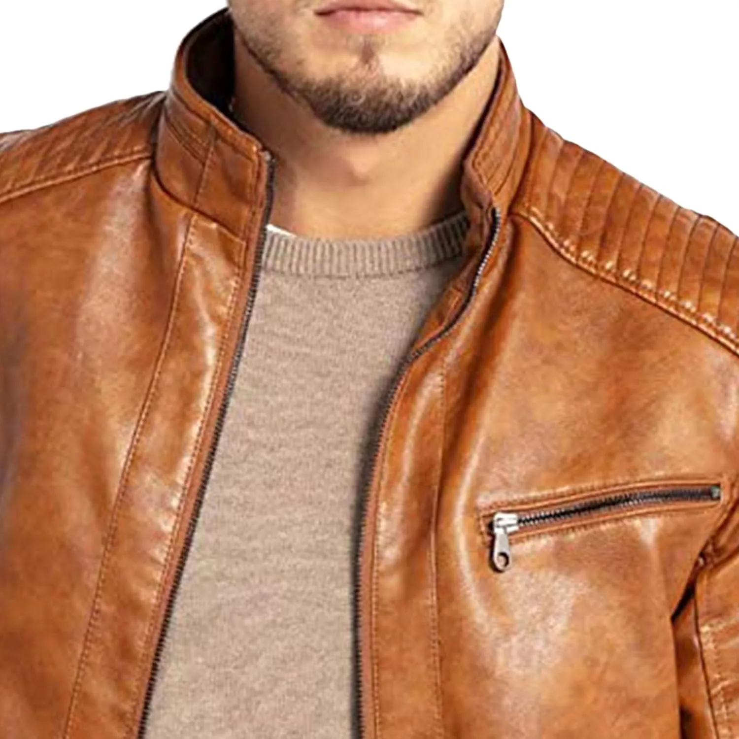 Maiyifu-GJ Men's Faux Leather Zip Up Jacket Stand Collar Slim Fit Leather Motorcycle Jacket Biker Coat Windbreaker Outerwear