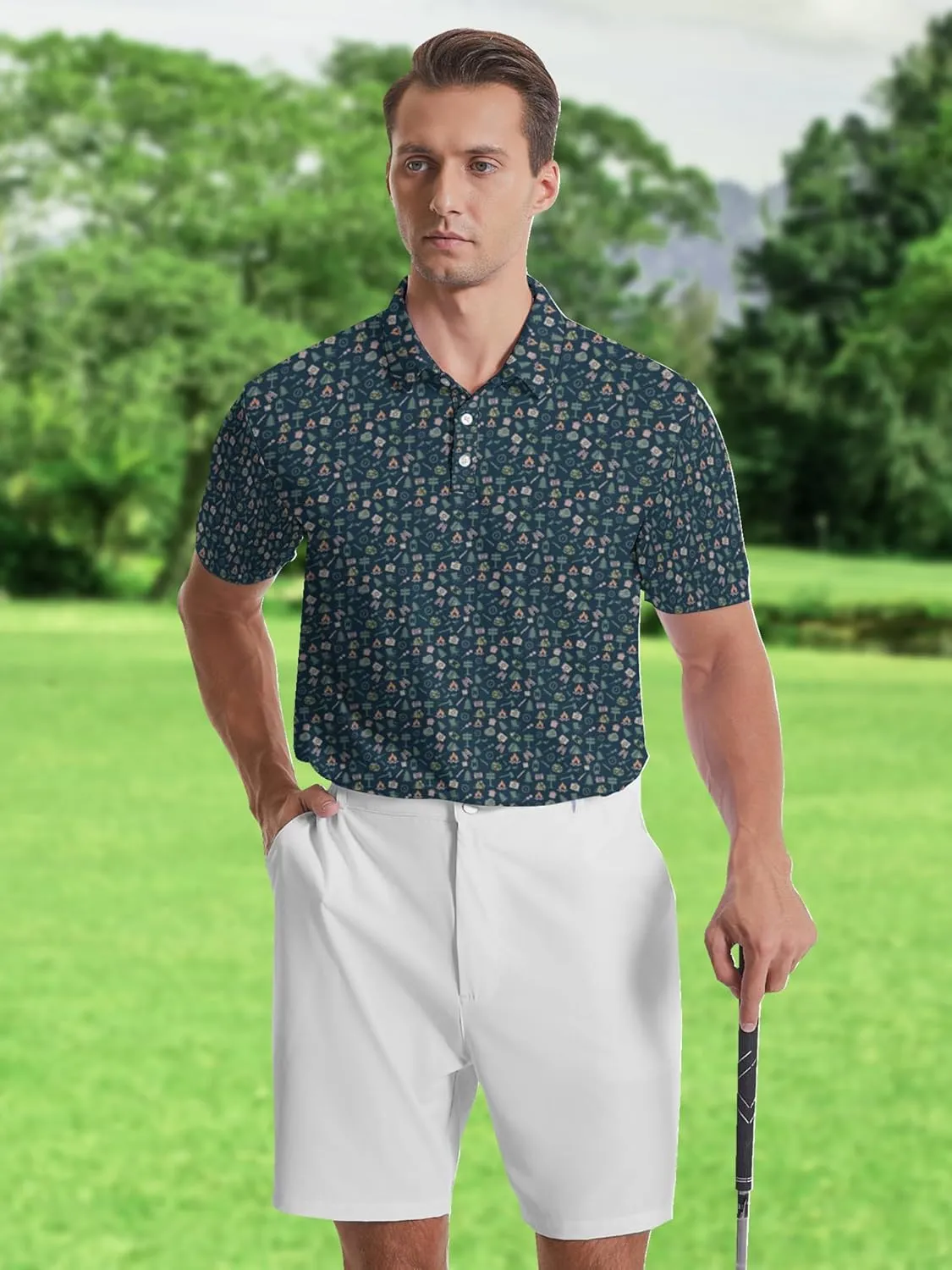 Men's Golf Shirts Moisture Wicking Quick Dry Performance Golf Polo Shirts for Men Fashion Print Short Sleeve Polo Shirts