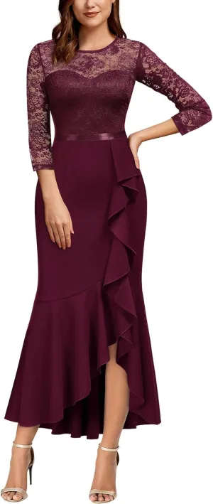 MISSMAY Women's Classy Floral Lace Ruffle Formal Bridesmaid Long Dress