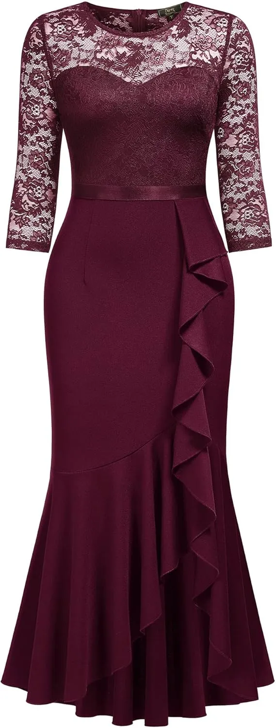 MISSMAY Women's Classy Floral Lace Ruffle Formal Bridesmaid Long Dress