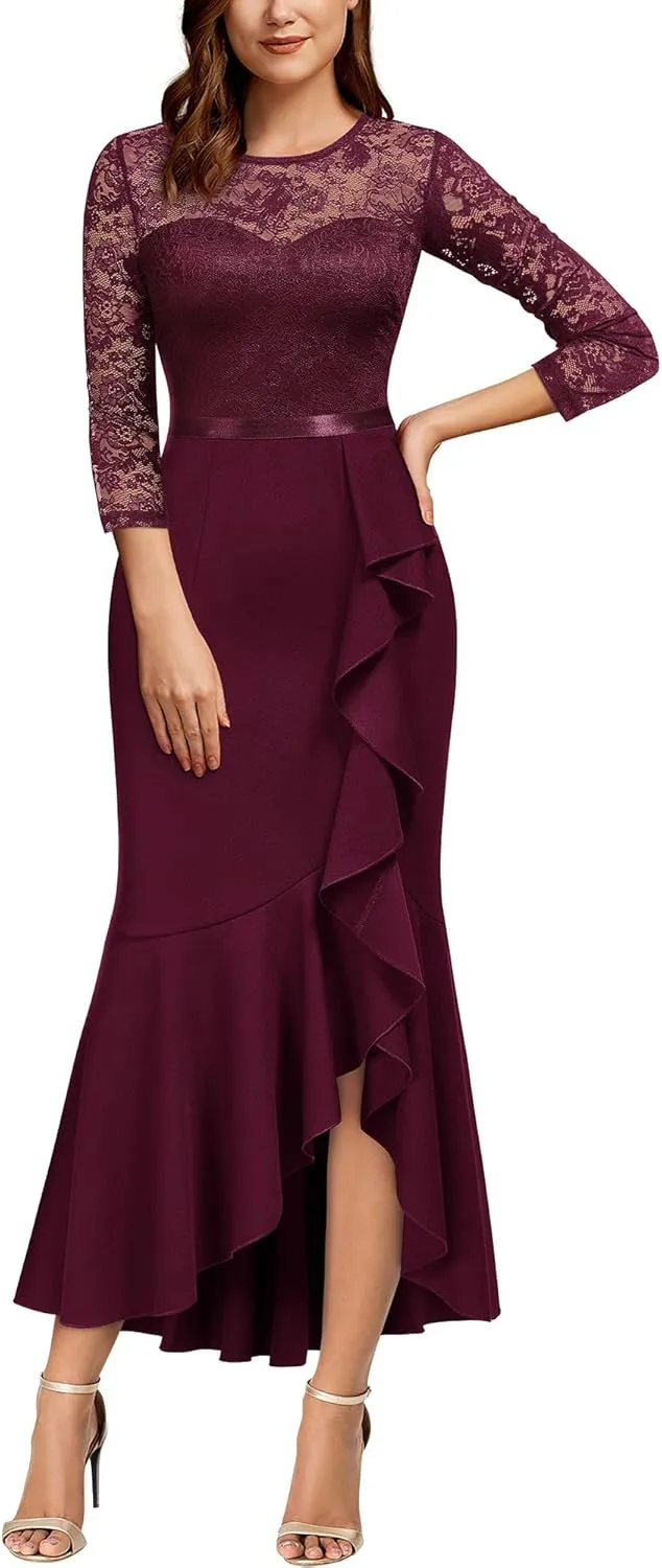MISSMAY Women's Classy Floral Lace Ruffle Formal Bridesmaid Long Dress