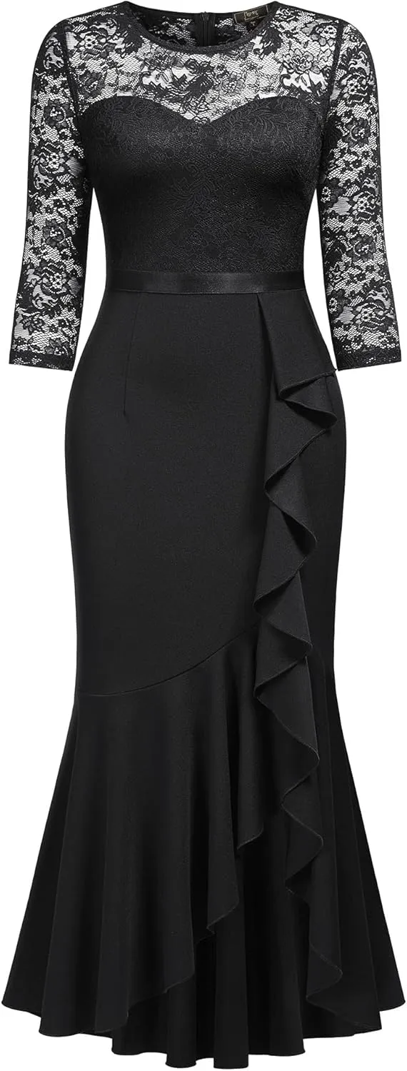 MISSMAY Women's Classy Floral Lace Ruffle Formal Bridesmaid Long Dress