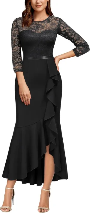 MISSMAY Women's Classy Floral Lace Ruffle Formal Bridesmaid Long Dress